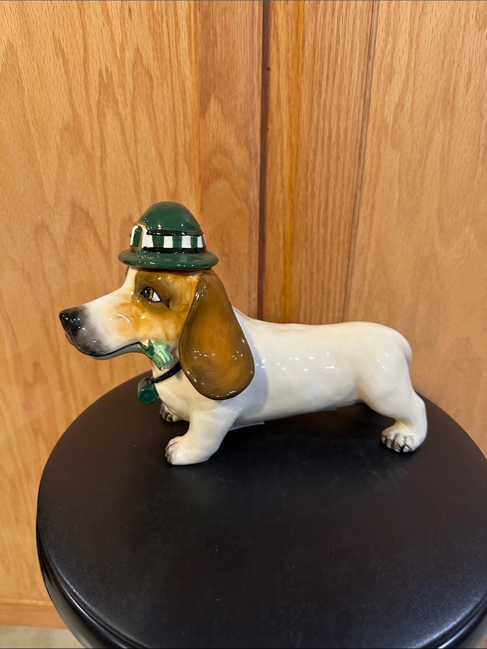 Ceramic Dachshund Dog Toy Figurine in Green Hat